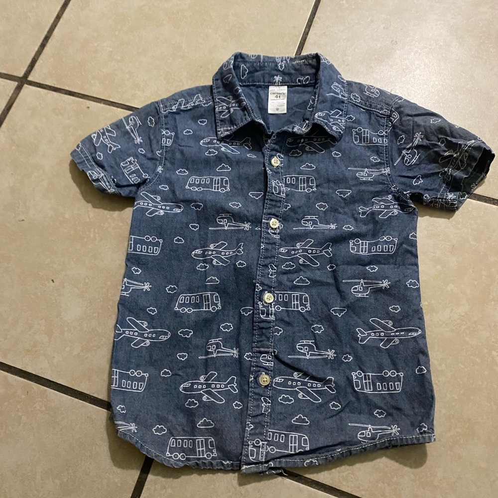 Kids Blue Short-Sleeve Button-Up Shirt with Transport Print